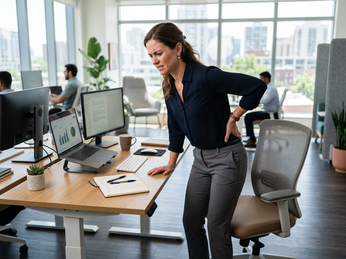 A professional at a desk experiencing lower back discomfort