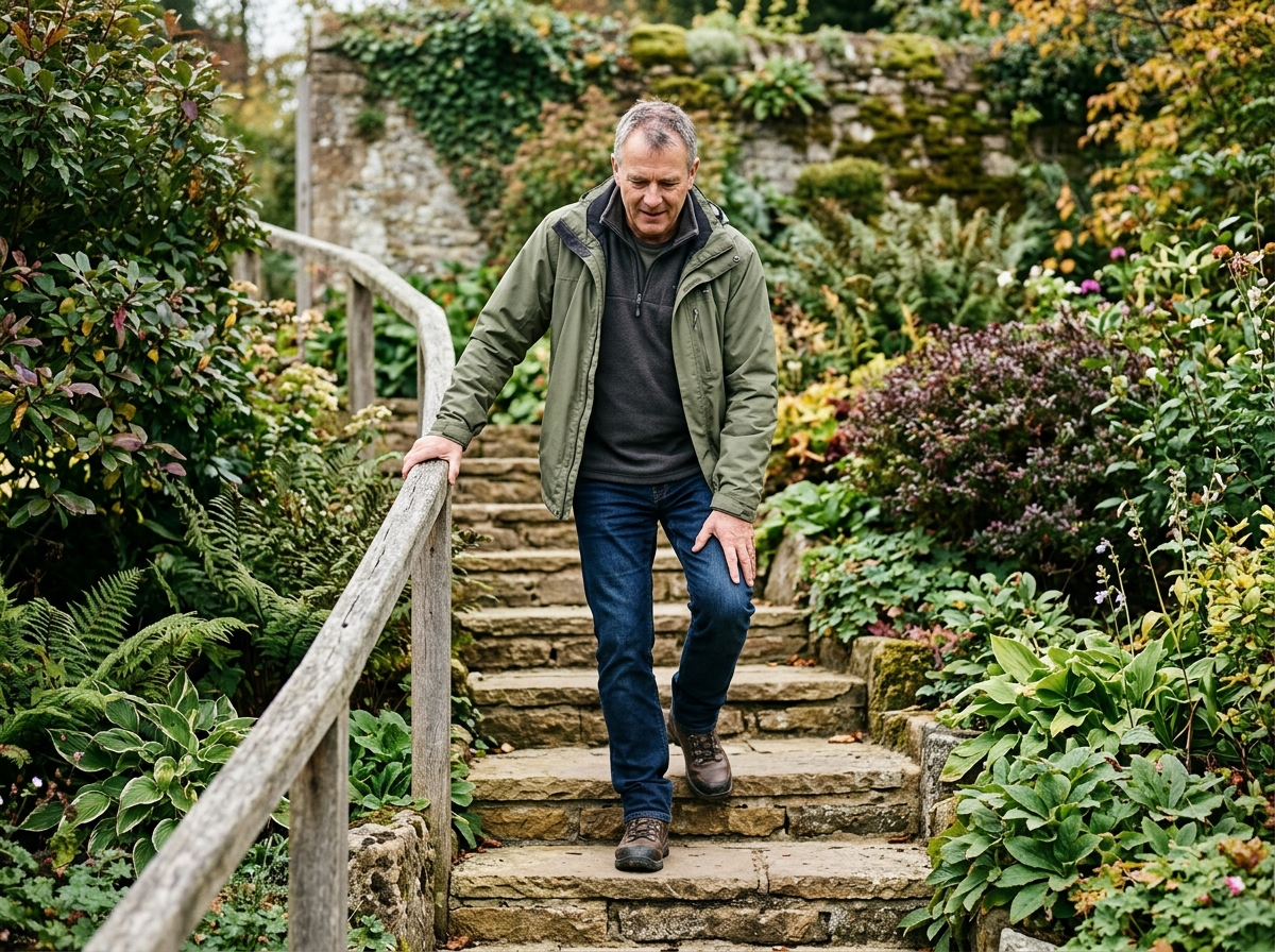 A person navigating outdoor steps with knee discomfort