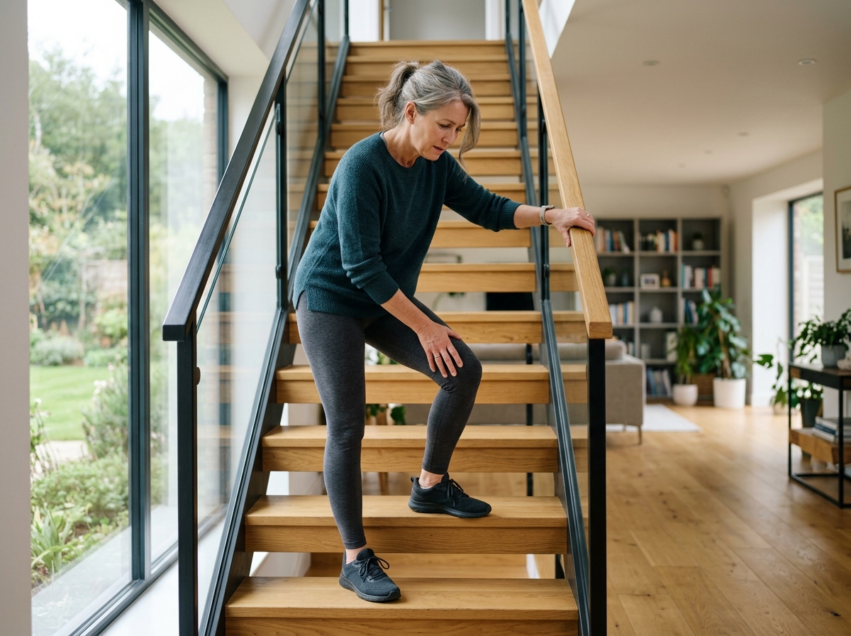 A person holding knee on stairs