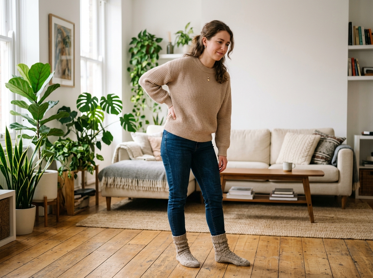A woman standing with lower back and postural discomfort