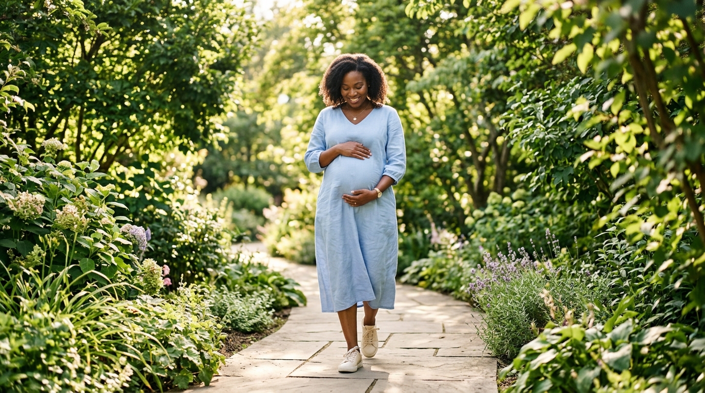 Expecting mother walking comfortably outdoors with healthy posture and arch support